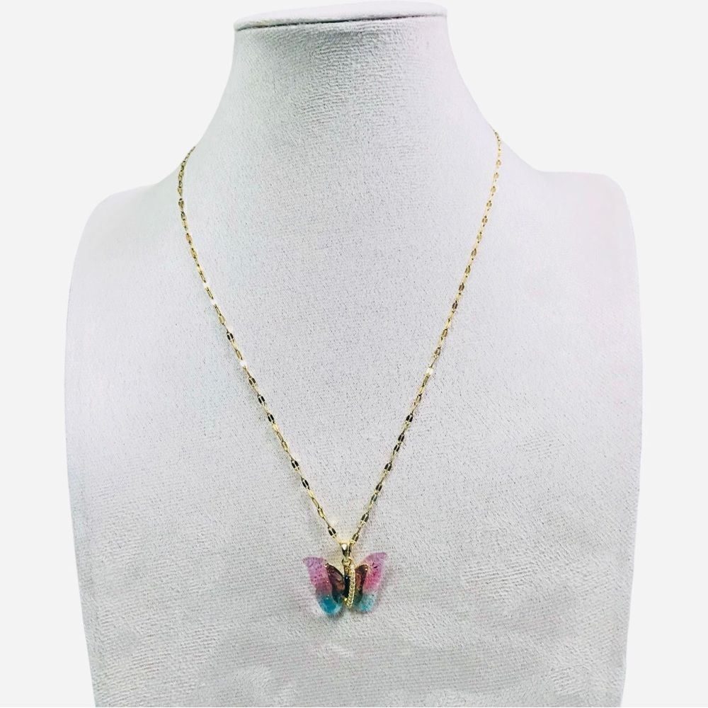 Butterfly Pink Green Gold Plated Necklace - Picture 11 of 13
